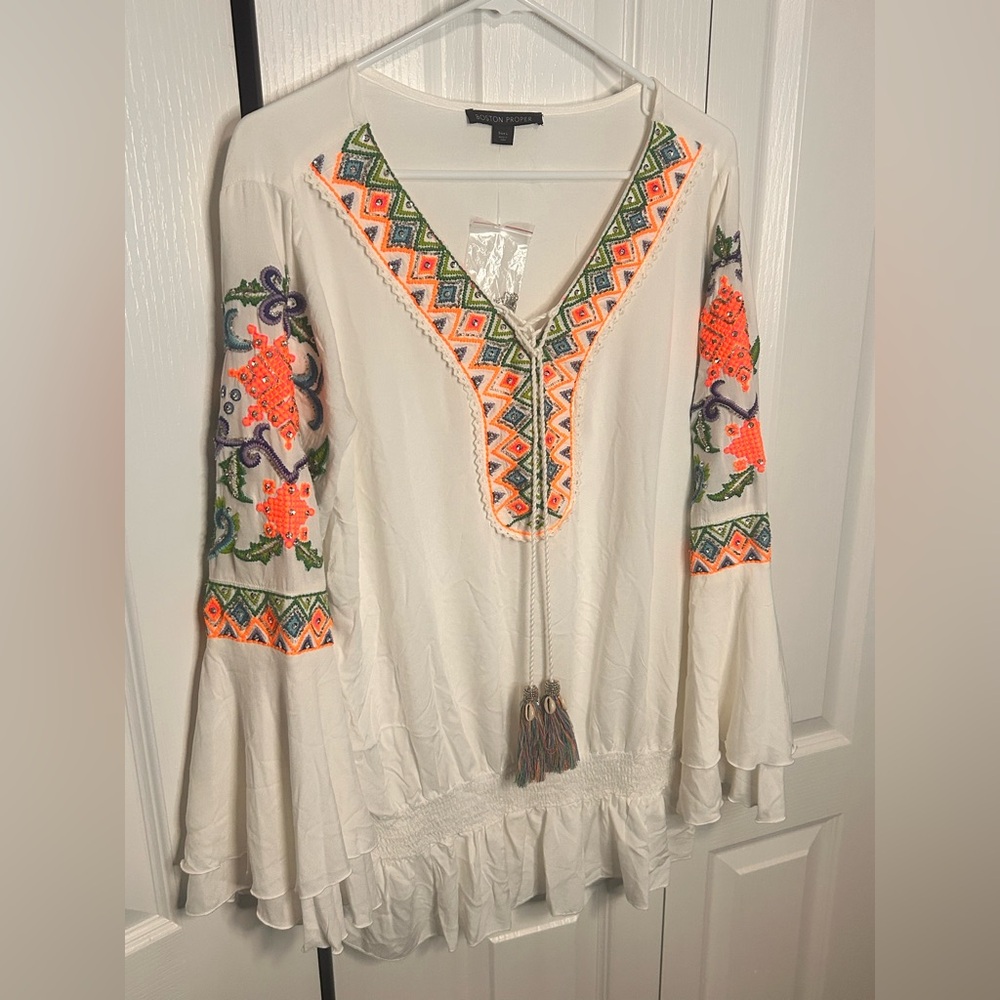 Boston Proper White Long Sleeve Blouse Orange Blue Jeweled Embroidery L NWOT - Picture 2 of 9